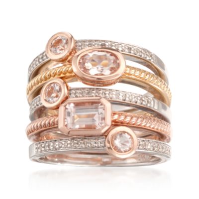 Set of Five 1.10 ct. t.w. Morganite and .20 ct. t.w. Diamond Rings in 18kt Tri-Colored Gold Over Sterling &mdash; Alt Image 1