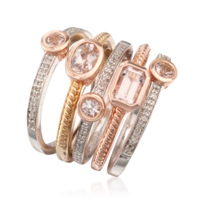 Set of Five 1.10 ct. t.w. Morganite and .20 ct. t.w. Diamond Rings in 18kt Tri-Colored Gold Over Sterling &mdash; Alt Image 3