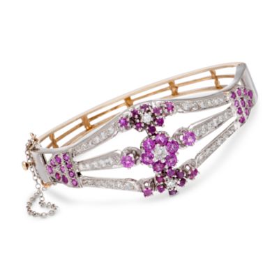 C. 1970 Vintage Ruby and Diamond Floral Bangle Bracelet in 14kt Two-Tone Gold. 7" &mdash; Alt Image 1