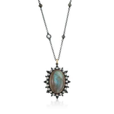 Long Labradorite and 1.20 ct. t.w. White Sapphire Station Necklace in Two-Tone. 30" &mdash; Alt Image 1