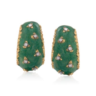 C. 1980 Vintage Diamond Hoop Earrings With Green Enamel in 18kt Yellow Gold &mdash; Alt Image 1
