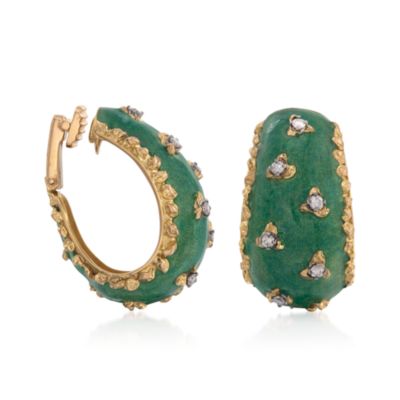 C. 1980 Vintage Diamond Hoop Earrings With Green Enamel in 18kt Yellow Gold &mdash; Alt Image 3