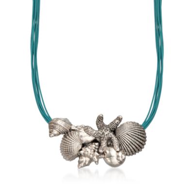 Sterling Silver Starfish and Seashells Centerpiece Necklace on Leather Cords &mdash; Alt Image 1