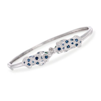 .85 ct. t.w. Sapphire Cat Bangle Bracelet With Emeralds in Sterling Silver. 7" &mdash; Alt Image 1