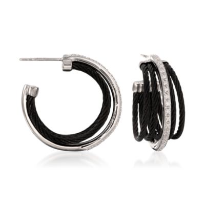Charriol "Celtic Noir" .11 ct. t.w. Diamond Hoop Earrings in 18kt White Gold and Stainless &mdash; Alt Image 1
