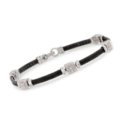 Charriol "Celtic Noir" .23 ct. t.w. Diamond Station Bangle Cable Bracelet in Stainless and 18kt White Gold. 6.5" &mdash; Alt Image 1