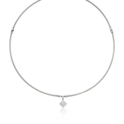 Charriol Stainless and 18kt White Gold Cable and Square Drop Necklace With Diamond. 17" &mdash; Alt Image 1