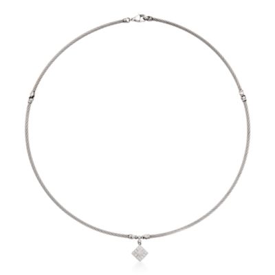 Charriol Stainless and 18kt White Gold Cable and Square Drop Necklace With Diamond. 17" &mdash; Alt Image 3