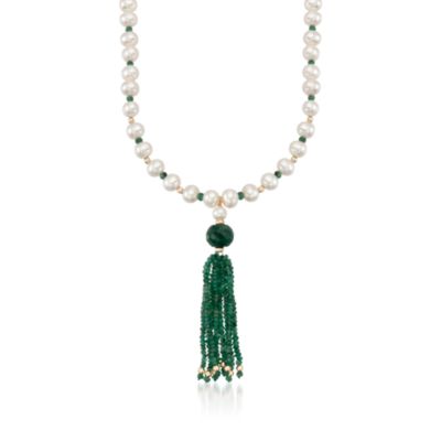 36.00 ct. t.w. Emerald Bead and Pearl Tassel Necklace in 14kt Yellow Gold. 24" &mdash; Alt Image 1