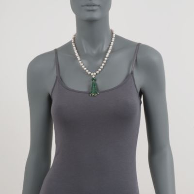 36.00 ct. t.w. Emerald Bead and Pearl Tassel Necklace in 14kt Yellow Gold. 24" &mdash; Alt Image 2
