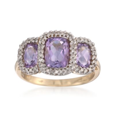 1.90 ct. t.w. Amethyst and .20 ct. t.w. Diamond Three-Stone Halo Ring in 14kt Yellow Gold &mdash; Alt Image 1