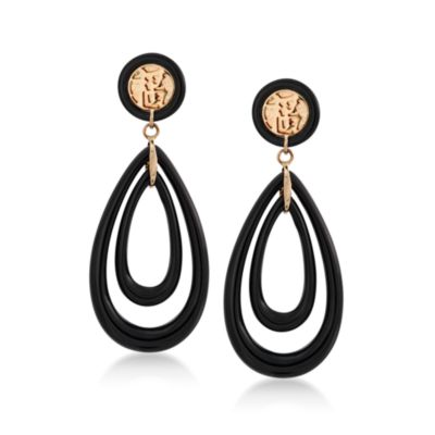 Black Agate Teardrop Earrings in 14kt Yellow Gold &mdash; Alt Image 1