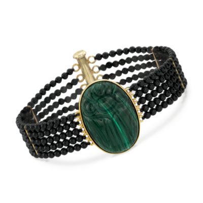 Malachite and Black Agate Scarab Bead Bracelet in 14kt Over Sterling. 7.5" &mdash; Alt Image 1