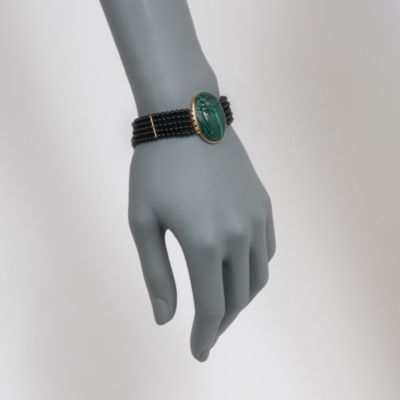 Malachite and Black Agate Scarab Bead Bracelet in 14kt Over Sterling. 7.5" &mdash; Alt Image 2