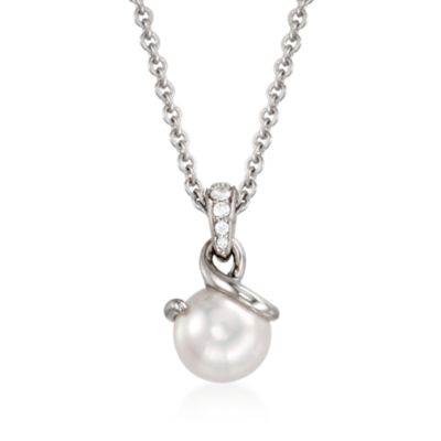 Mikimoto 8mm Akoya Pearl and .25 ct. t.w. Pave Diamond Pendant Necklace in 18kt White Gold. 18" &mdash; Alt Image 1