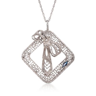 C. 1990 Vintage 14kt White Gold Bow Motif Pendant Necklace With Faux Sapphires. 16" &mdash; Alt Image 1