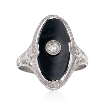 C. 1990 Vintage Black Onyx Ring With Diamond in 14kt White Gold. Size 5 &mdash; Alt Image 1