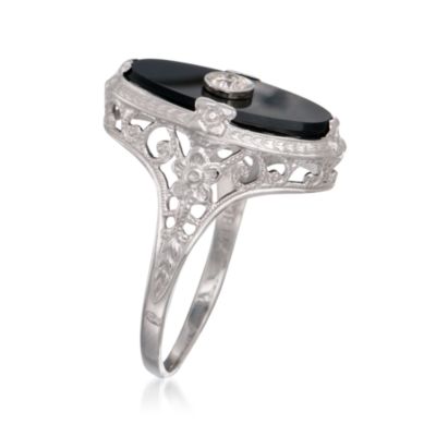 C. 1990 Vintage Black Onyx Ring With Diamond in 14kt White Gold. Size 5 &mdash; Alt Image 3