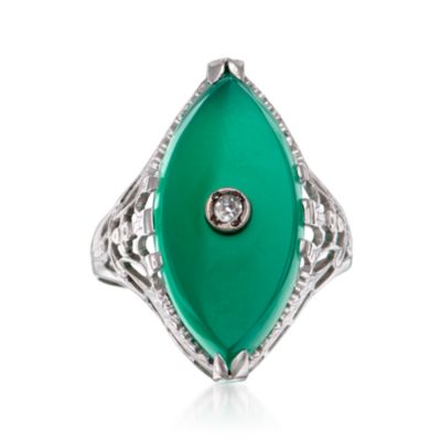 C. 1990 Vintage Green Chalcedony Ring With Diamond in 14kt White Gold. Size 6.5 &mdash; Alt Image 1