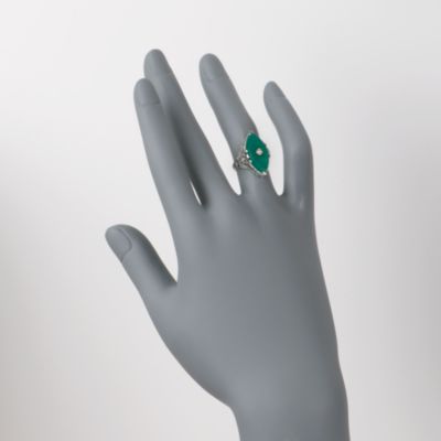 C. 1990 Vintage Green Chalcedony Ring With Diamond in 14kt White Gold. Size 6.5 &mdash; Alt Image 2