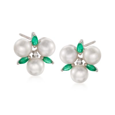 Pearl and .45 ct. t.w. Emerald Earrings With CZs in Sterling Silver &mdash; Alt Image 1