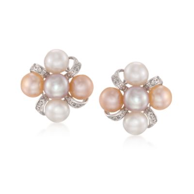 7-7.5mm White, Peach and Pink Pearl Earrings With Diamonds in Sterling Silver &mdash; Alt Image 1