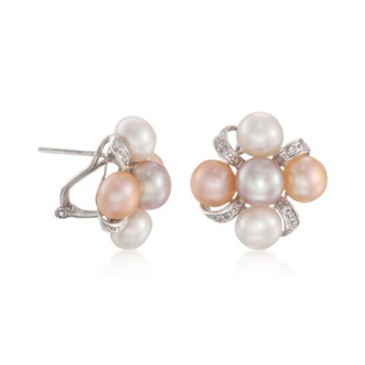 7-7.5mm White, Peach and Pink Pearl Earrings With Diamonds in Sterling Silver &mdash; Alt Image 3