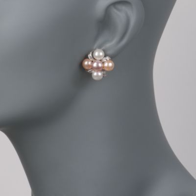 7-7.5mm White, Peach and Pink Pearl Earrings With Diamonds in Sterling Silver &mdash; Alt Image 2