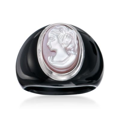 Pink and White Mother-Of-Pearl Cameo Ring With Black Agate in Sterling Silver. Size 5 &mdash; Alt Image 1