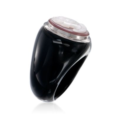 Pink and White Mother-Of-Pearl Cameo Ring With Black Agate in Sterling Silver. Size 5 &mdash; Alt Image 3