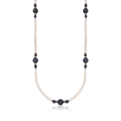 Pearl and Lapis Station Necklace in Sterling Silver. 30" &mdash; Alt Image 1