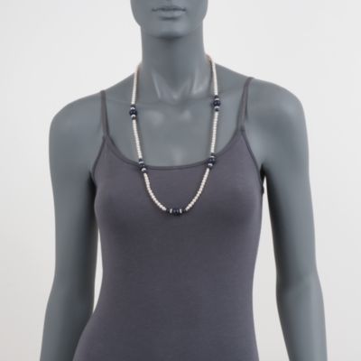 Pearl and Lapis Station Necklace in Sterling Silver. 30" &mdash; Alt Image 2