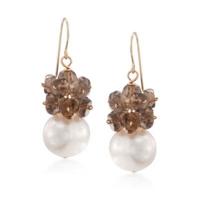 10-11mm Pearl and 10.00 ct. T .W. Smoky Quartz Drop Earrings in 14kt Yellow Gold &mdash; Alt Image 1