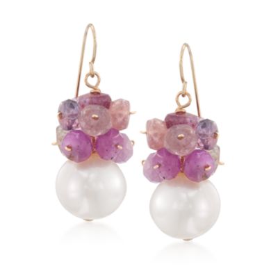 10-11mm Pearl and 17.00 ct. t.w. Multicolored Sapphire Drop Earrings in 14kt Yellow Gold &mdash; Alt Image 1