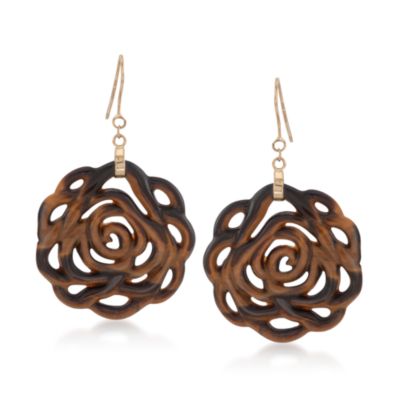 Carved Tiger's Eye Rose Earrings in 14kt Yellow Gold &mdash; Alt Image 1