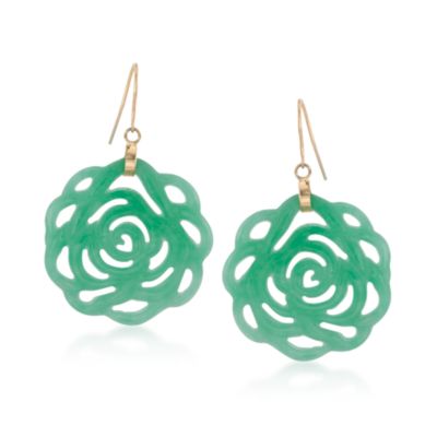 Carved Green Jade Rose Earrings in 14kt Yellow Gold &mdash; Alt Image 1