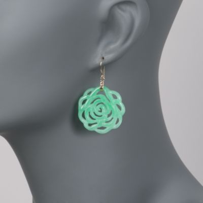 Carved Green Jade Rose Earrings in 14kt Yellow Gold &mdash; Alt Image 2