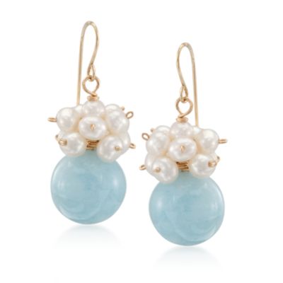 Aquamarine and 3-4mm Pearl Drop Earrings in 14kt Yellow Gold &mdash; Alt Image 1