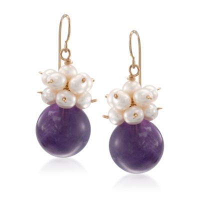 15.00 ct. t.w. Amethyst and 3-4mm Pearl Drop Earrings in 14kt Yellow Gold &mdash; Alt Image 1