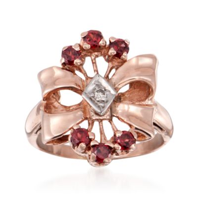 C. 1980 Vintage Garnet Bow Ring With Diamonds in 14kt Rose Gold. Size 5.5 &mdash; Alt Image 1
