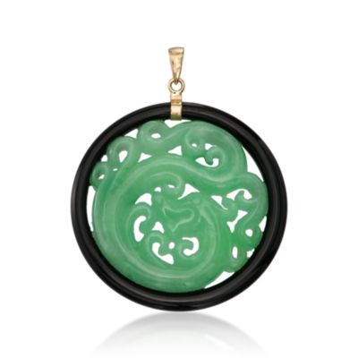 Carved Green Jade Dragon Pendant in 14kt Yellow Gold &mdash; Alt Image 1