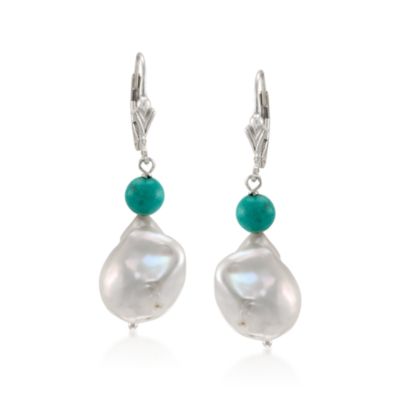 12-13mm Pearl and Turquoise Drop Earrings in Sterling Silver &mdash; Alt Image 1