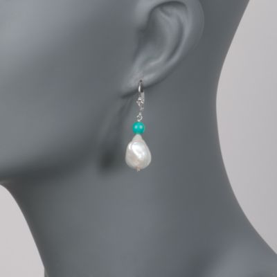 12-13mm Pearl and Turquoise Drop Earrings in Sterling Silver &mdash; Alt Image 2