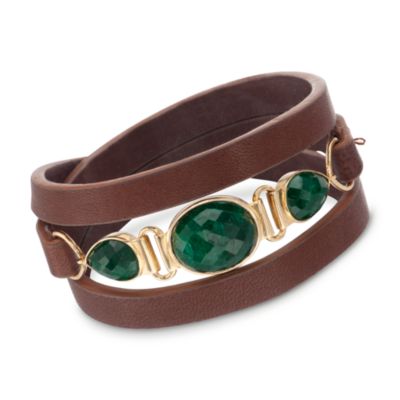 18.40 ct. t.w. Emerald Brown Leather Bracelet in 18kt Over Sterling. Adjustable Size &mdash; Alt Image 1