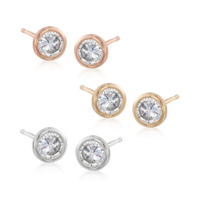 Three-Pair Set of CZ Stud Earrings in Tri-Colored Sterling Silver &mdash; Alt Image 1