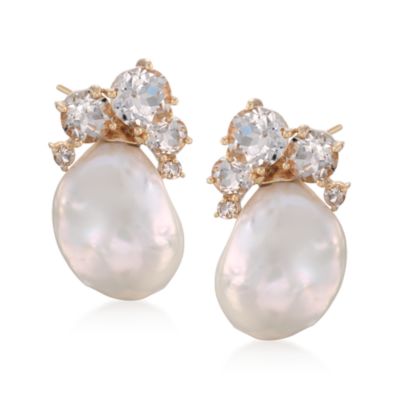 6.52 ct. t.w. White Topaz and Baroque Pearl Earrings in 14kt Yellow Gold &mdash; Alt Image 1