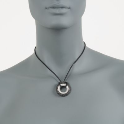 Black Leather Necklace With 8.00 ct. t.w. Black and White CZ Circle Pendant. 20" &mdash; Alt Image 2