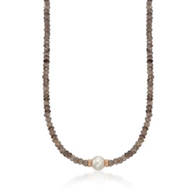 Smoky Quartz Bead Necklace With Pearl in 14kt Yellow Gold. 17" &mdash; Alt Image 1