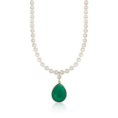 Pearl Necklace With Green Onyx Drop in 14kt Over Sterling. 20" &mdash; Alt Image 1