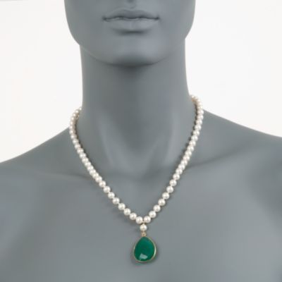 Pearl Necklace With Green Onyx Drop in 14kt Over Sterling. 20" &mdash; Alt Image 2